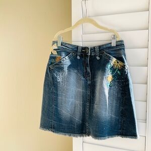 Embroidered Blue Denim A-Line Skirt